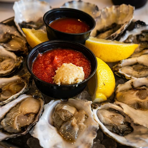 Fresh oysters on the half shell with cocktail sauce, horseradish, and lemon wedges on ice.