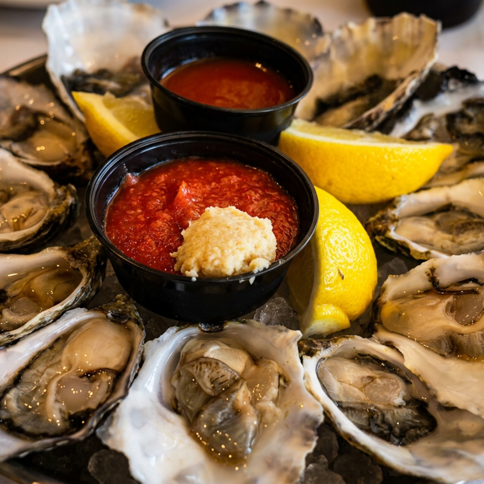 Fresh oysters on the half shell with cocktail sauce, horseradish, and lemon wedges on ice.