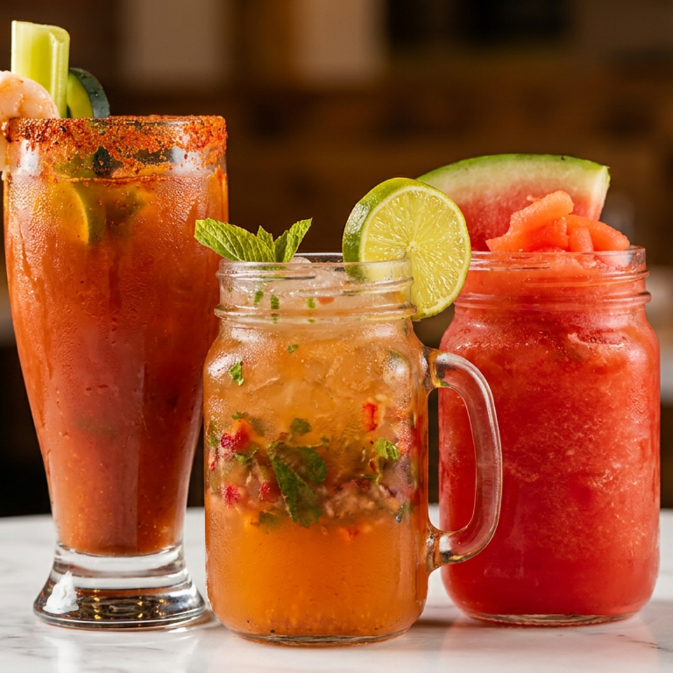 Three vibrant drinks: a Bloody Mary with shrimp, a mojito, and a watermelon slushie on a white table.
