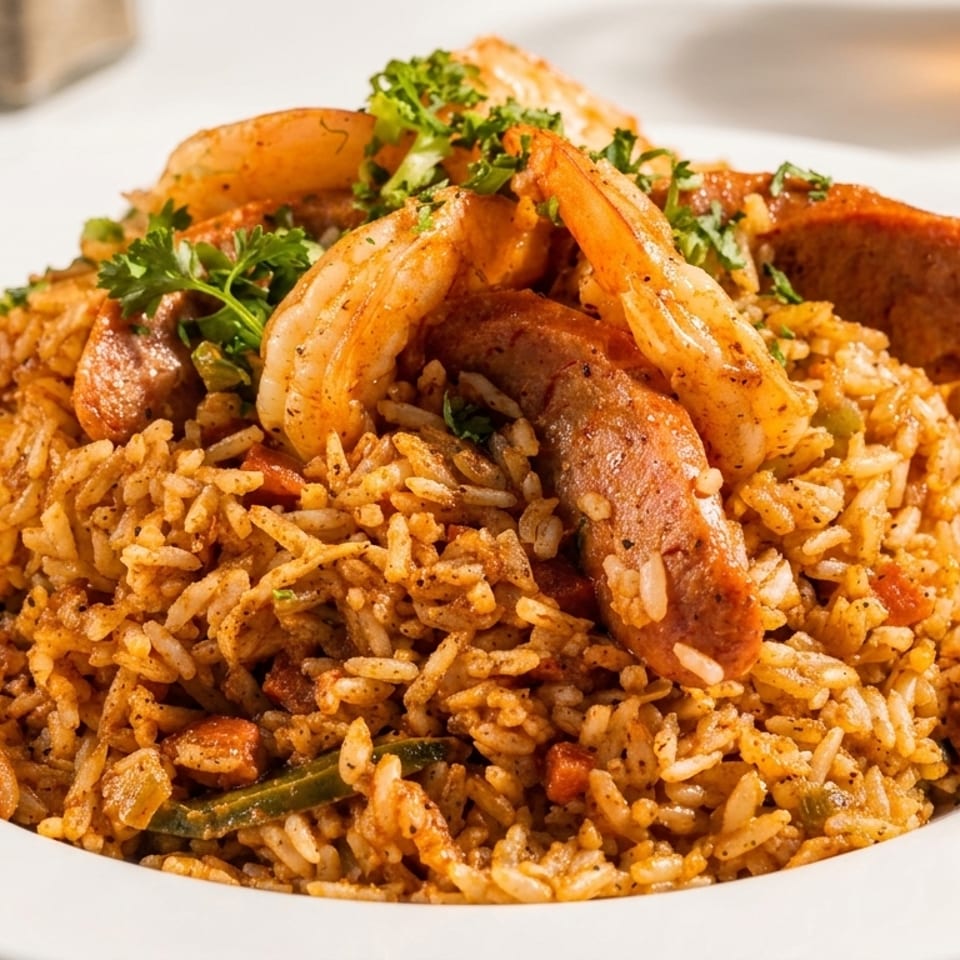 A white plate piled high with jambalaya, topped with shrimp, sausage, and fresh parsley.