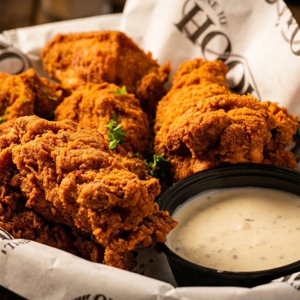 Crispy fried chicken pieces in a basket lined with branded paper, served with a side of dipping sauce.
