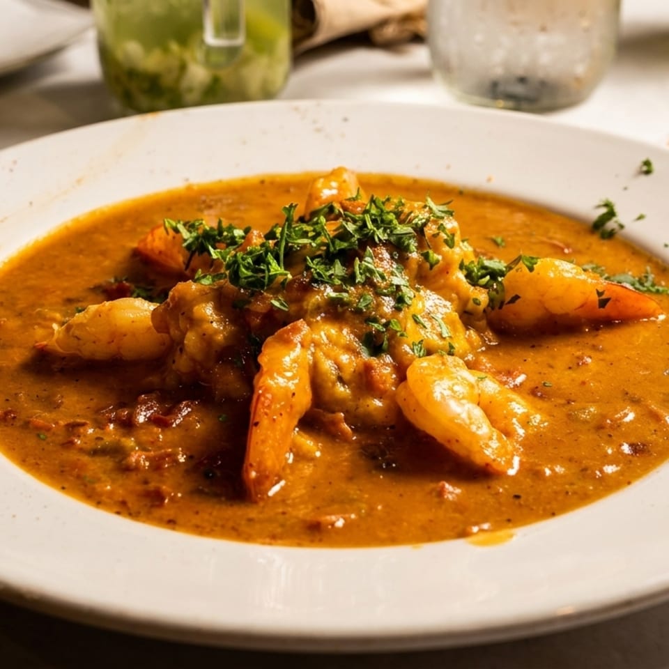 A white bowl filled with shrimp and grits, garnished with fresh parsley, on a white tablecloth.
