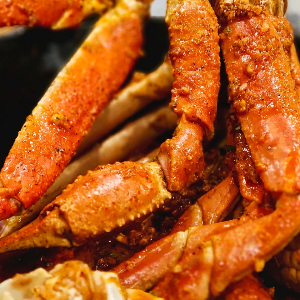 Close-up of seasoned crab legs and corn on the cob in a dark bowl.