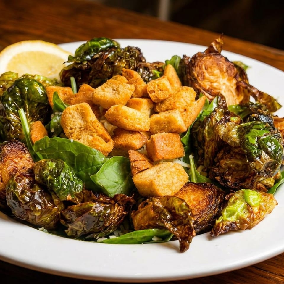 Roasted brussels sprouts salad with croutons and a lemon wedge on a white plate.