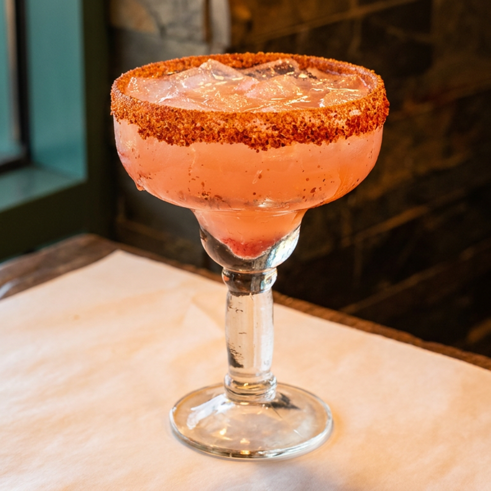 Pink margarita with a chili-salt rim and ice, on a table next to a window.