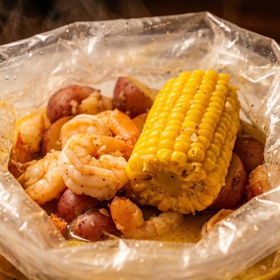 Steaming shrimp, corn on the cob, and red potatoes in a clear plastic bag.